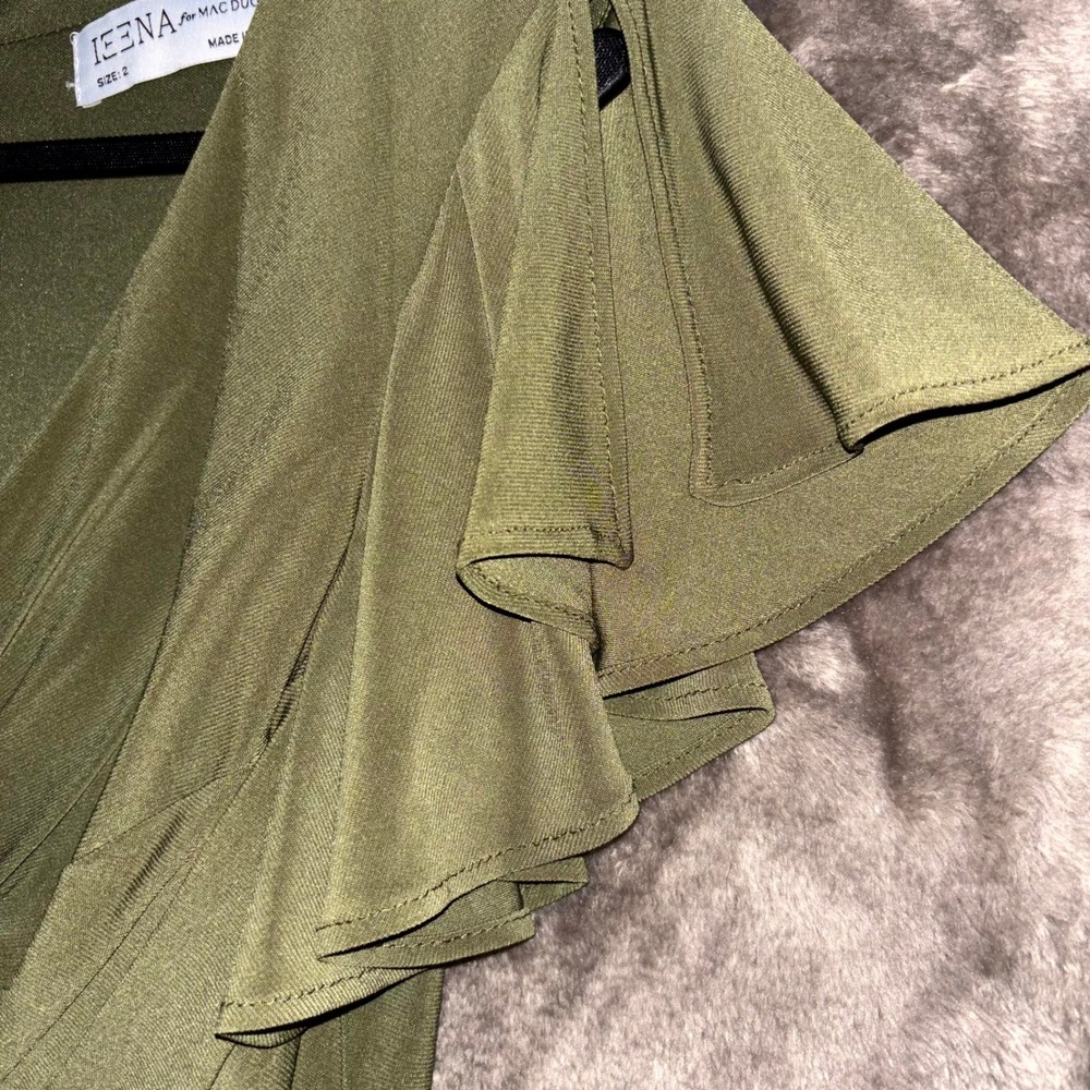 Mac Duggal Olive Green Ruched Midi Dress Surplice Flutter‎ Sleeve Sexy NWT 2 - Picture 4 of 15